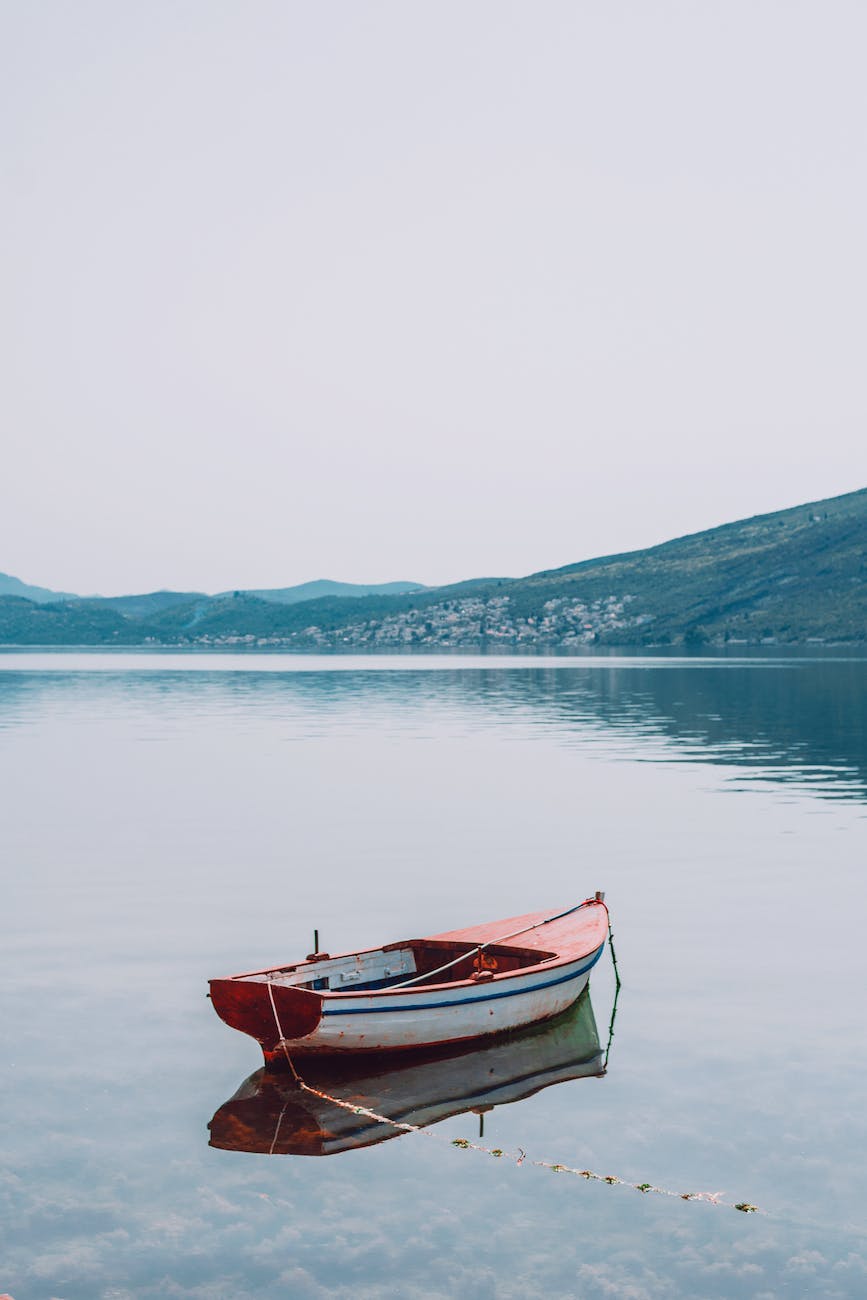 small moored boat on peaceful lake in highlands